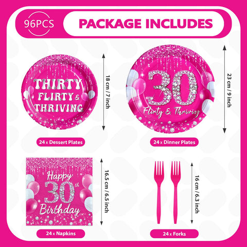 96 Pcs Hot Pink 30th Birthday Party Plates and Napkins - Grencian