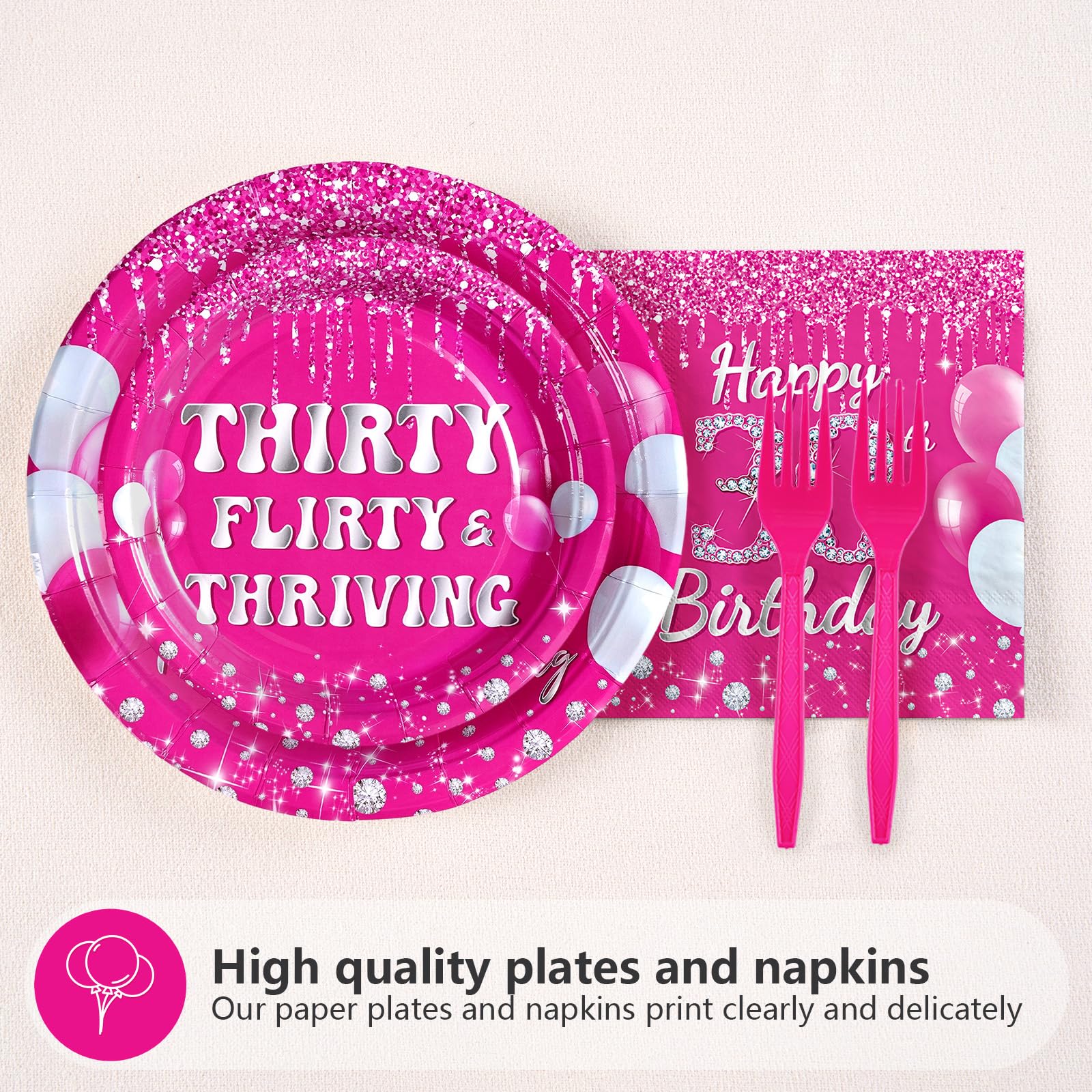 96 Pcs Hot Pink 30th Birthday Party Plates and Napkins - Grencian
