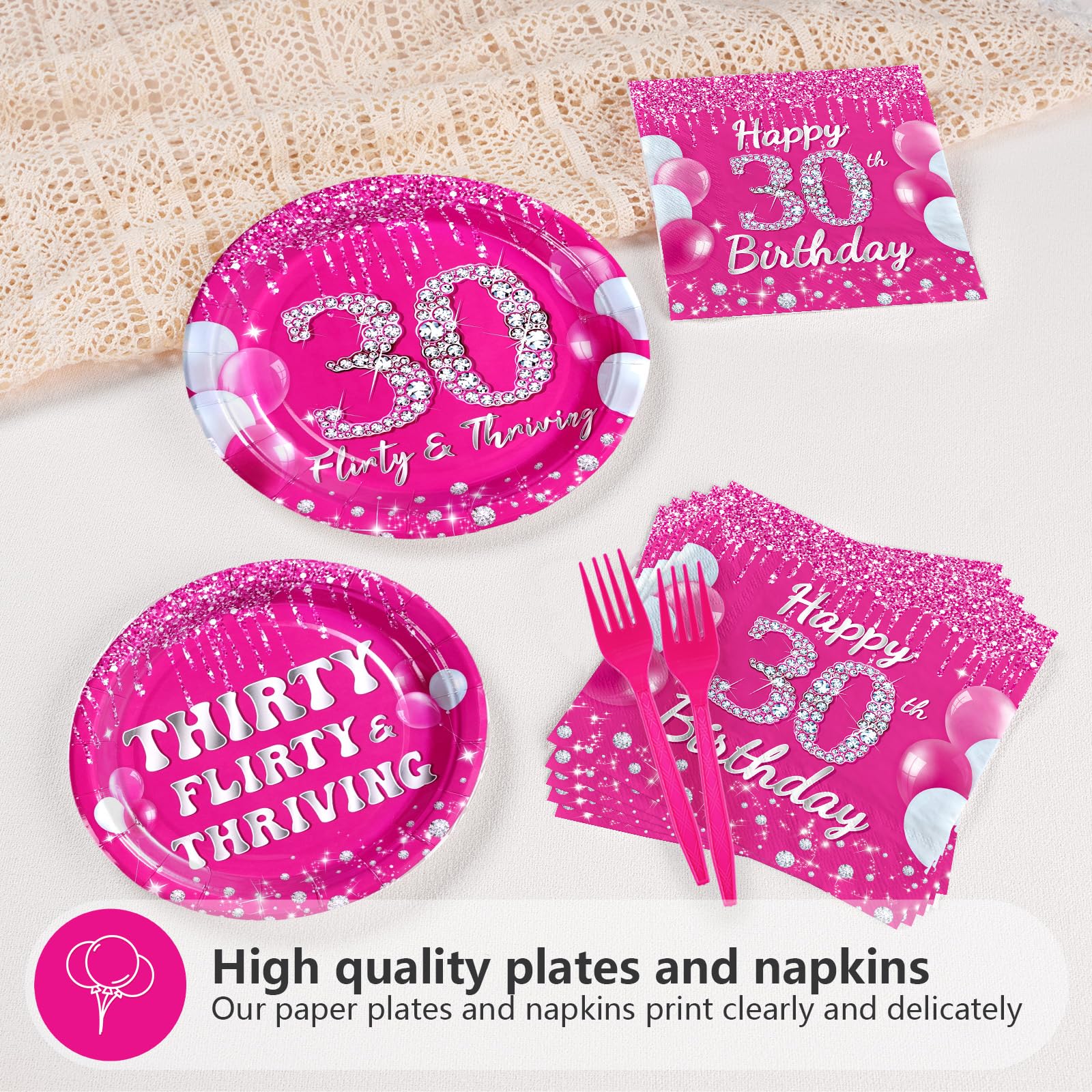 96 Pcs Hot Pink 30th Birthday Party Plates and Napkins - Grencian