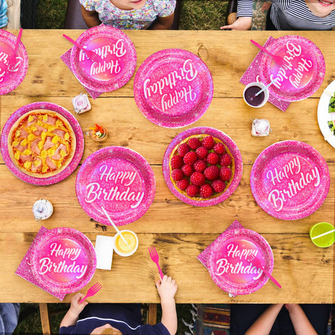96 Pcs Hot Pink Birthday Party Plates and Napkins - Grencian