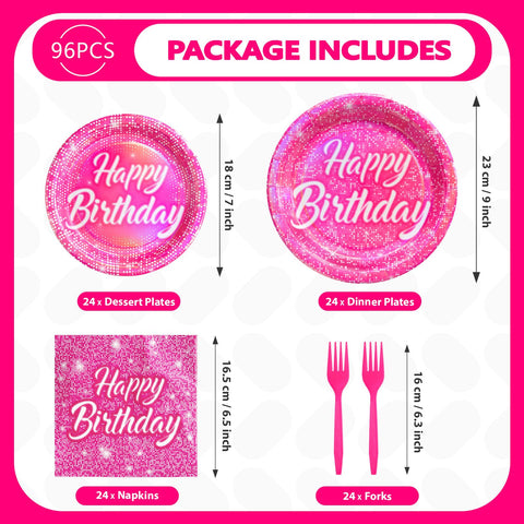 96 Pcs Hot Pink Birthday Party Plates and Napkins - Grencian