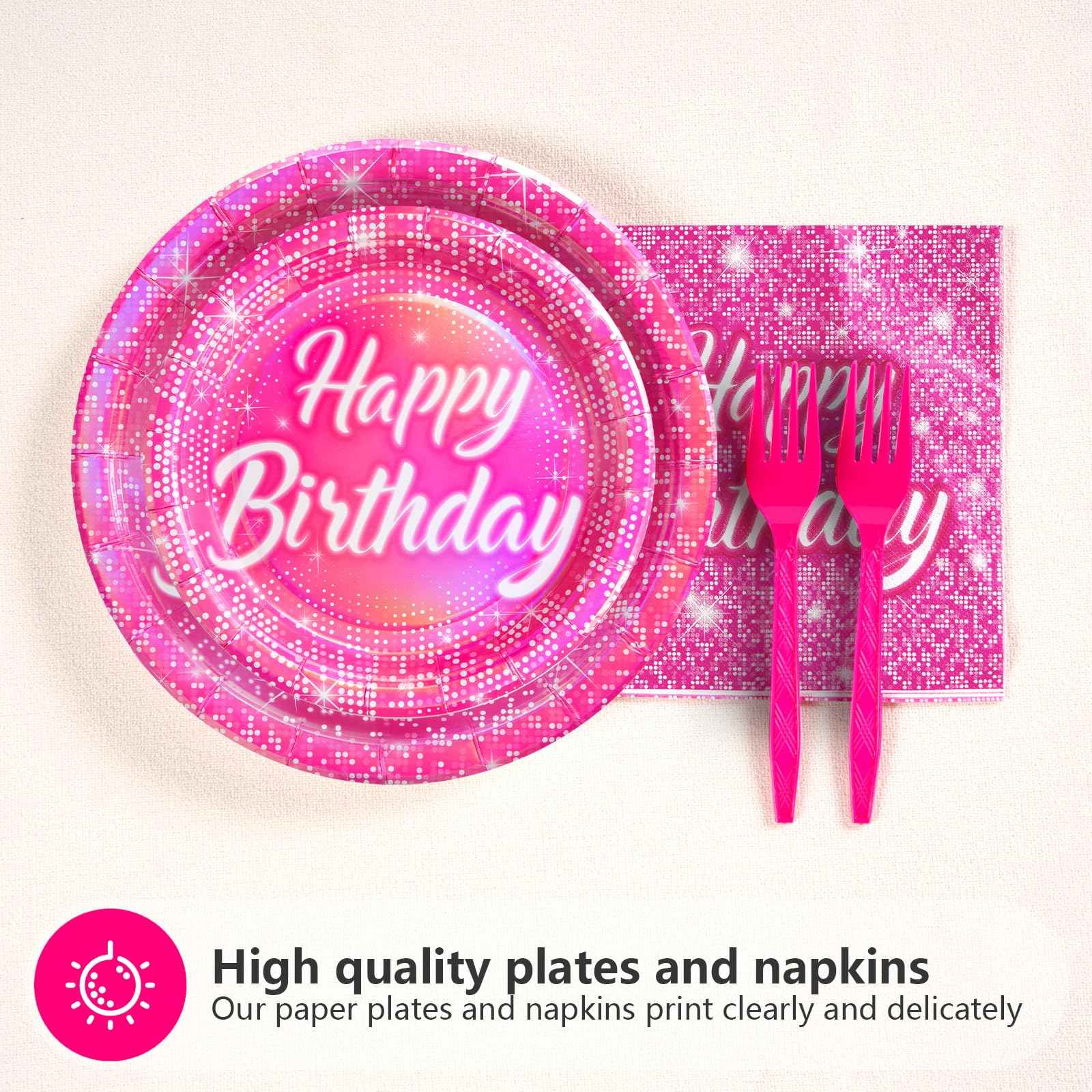 96 Pcs Hot Pink Birthday Party Plates and Napkins - Grencian