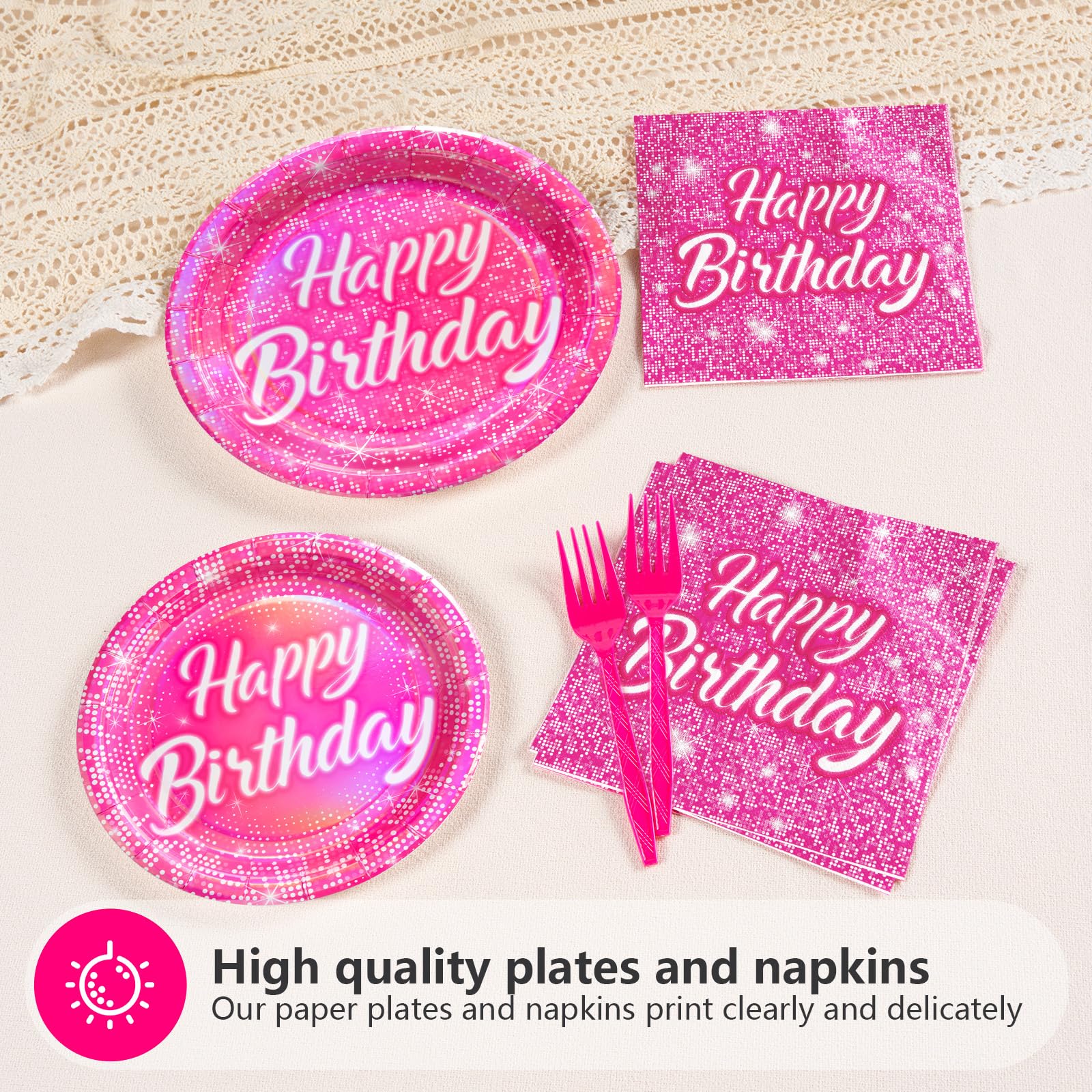 96 Pcs Hot Pink Birthday Party Plates and Napkins - Grencian