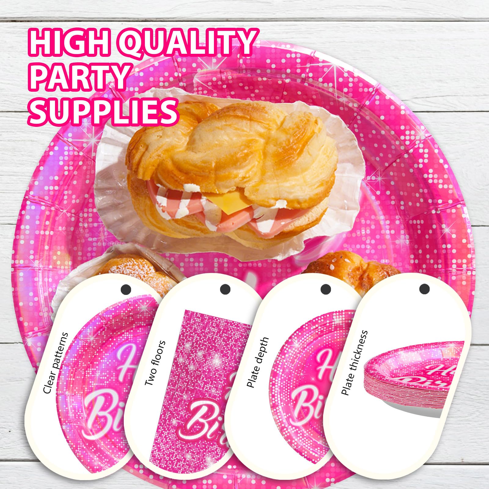 96 Pcs Hot Pink Birthday Party Plates and Napkins - Grencian