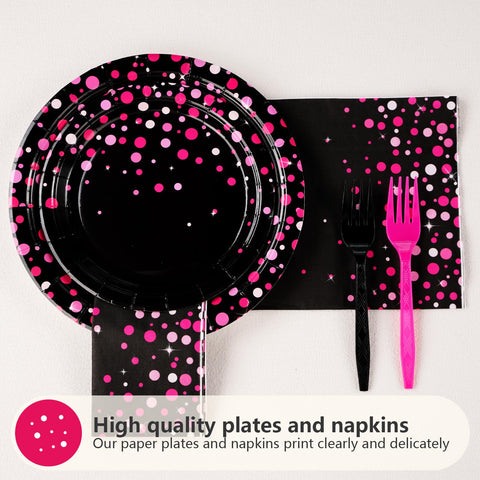 96 Pcs Hot Pink Dots on Black Party Plates and Napkins - Grencian