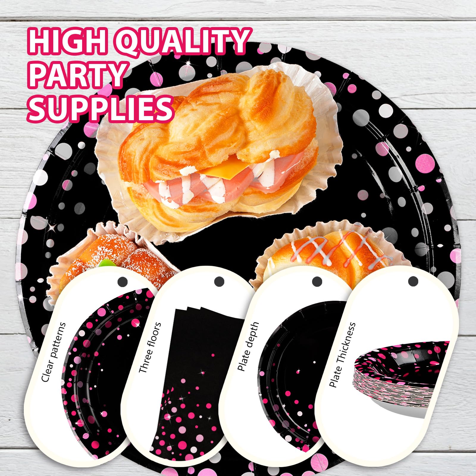 96 Pcs Hot Pink Dots on Black Party Plates and Napkins - Grencian