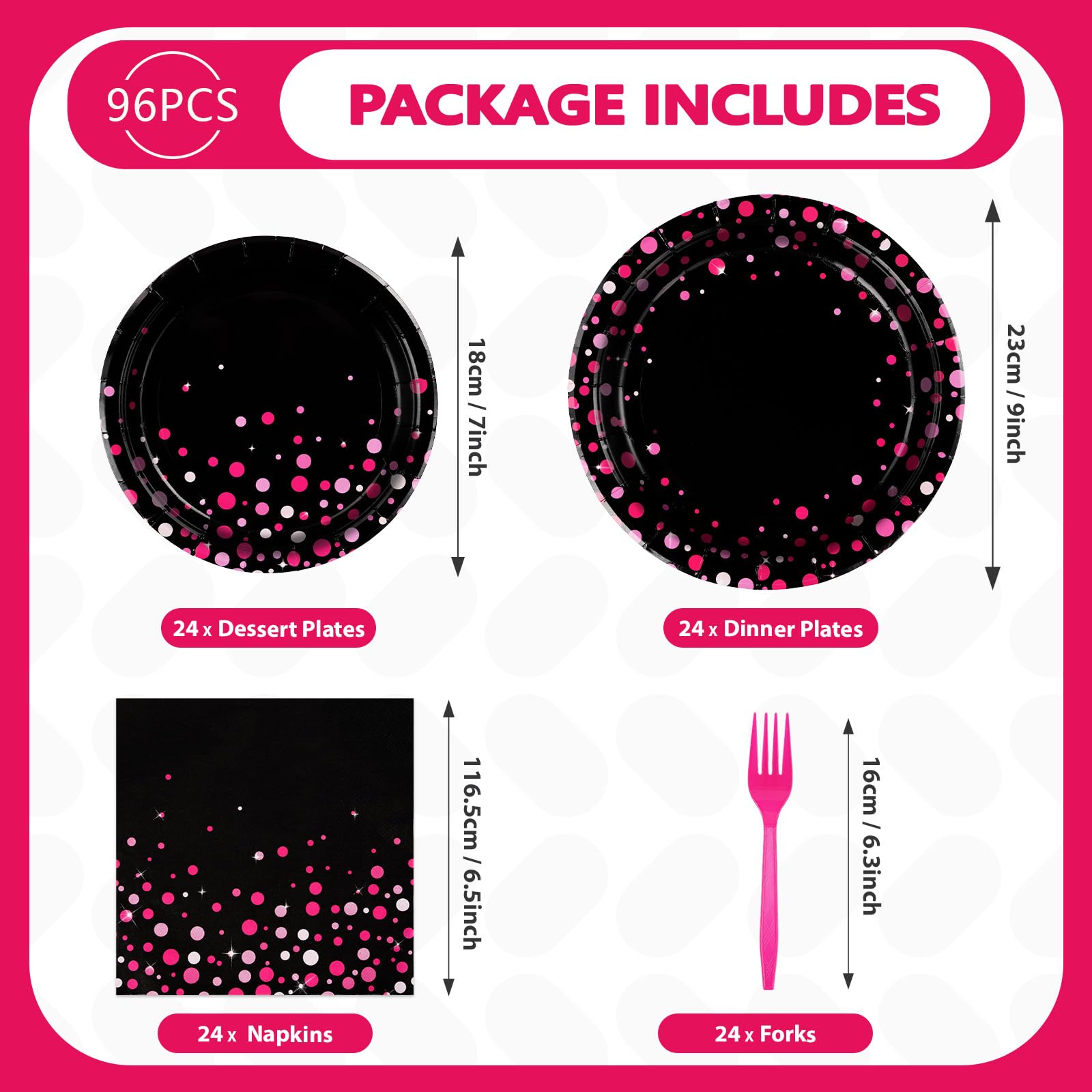 96 Pcs Hot Pink Dots on Black Party Plates and Napkins - Grencian