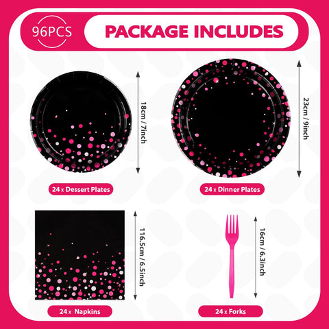 96 Pcs Hot Pink Dots on Black Party Plates and Napkins - Grencian