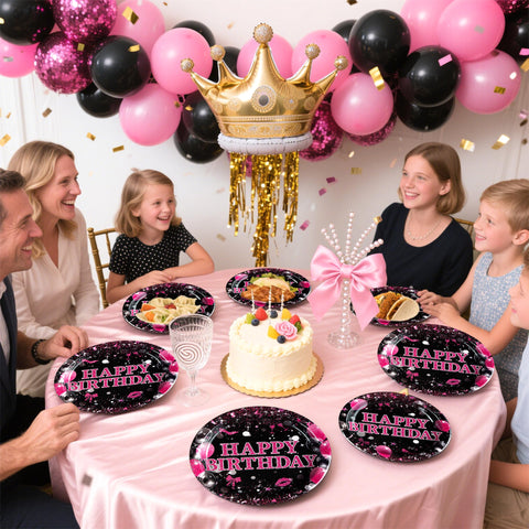 96 Pcs Hot Pink and Black Birthday Party Plates and Napkins - Grencian