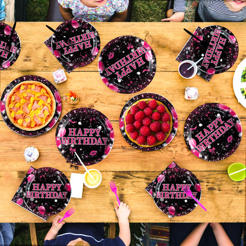 96 Pcs Hot Pink and Black Birthday Party Plates and Napkins - Grencian