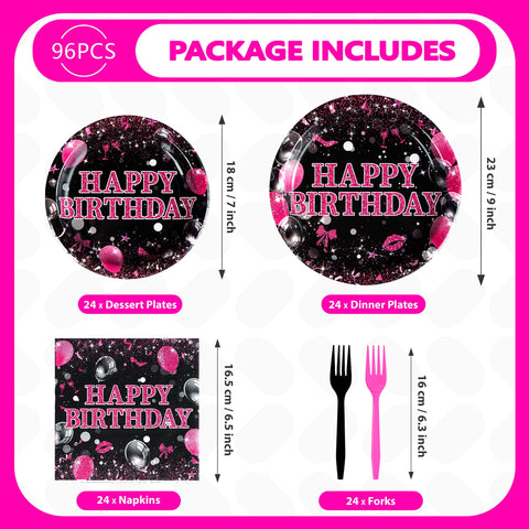 96 Pcs Hot Pink and Black Birthday Party Plates and Napkins - Grencian