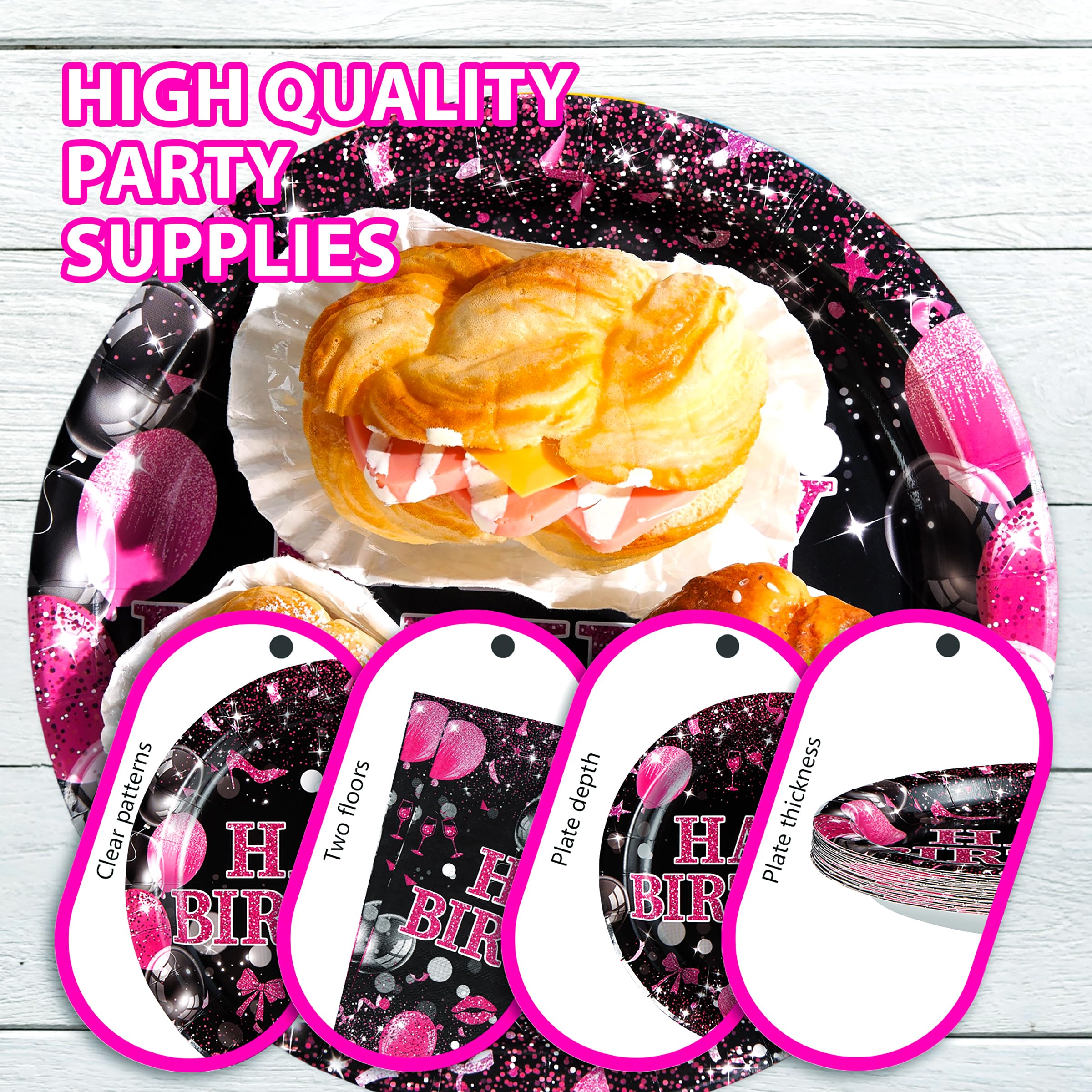 96 Pcs Hot Pink and Black Birthday Party Plates and Napkins - Grencian