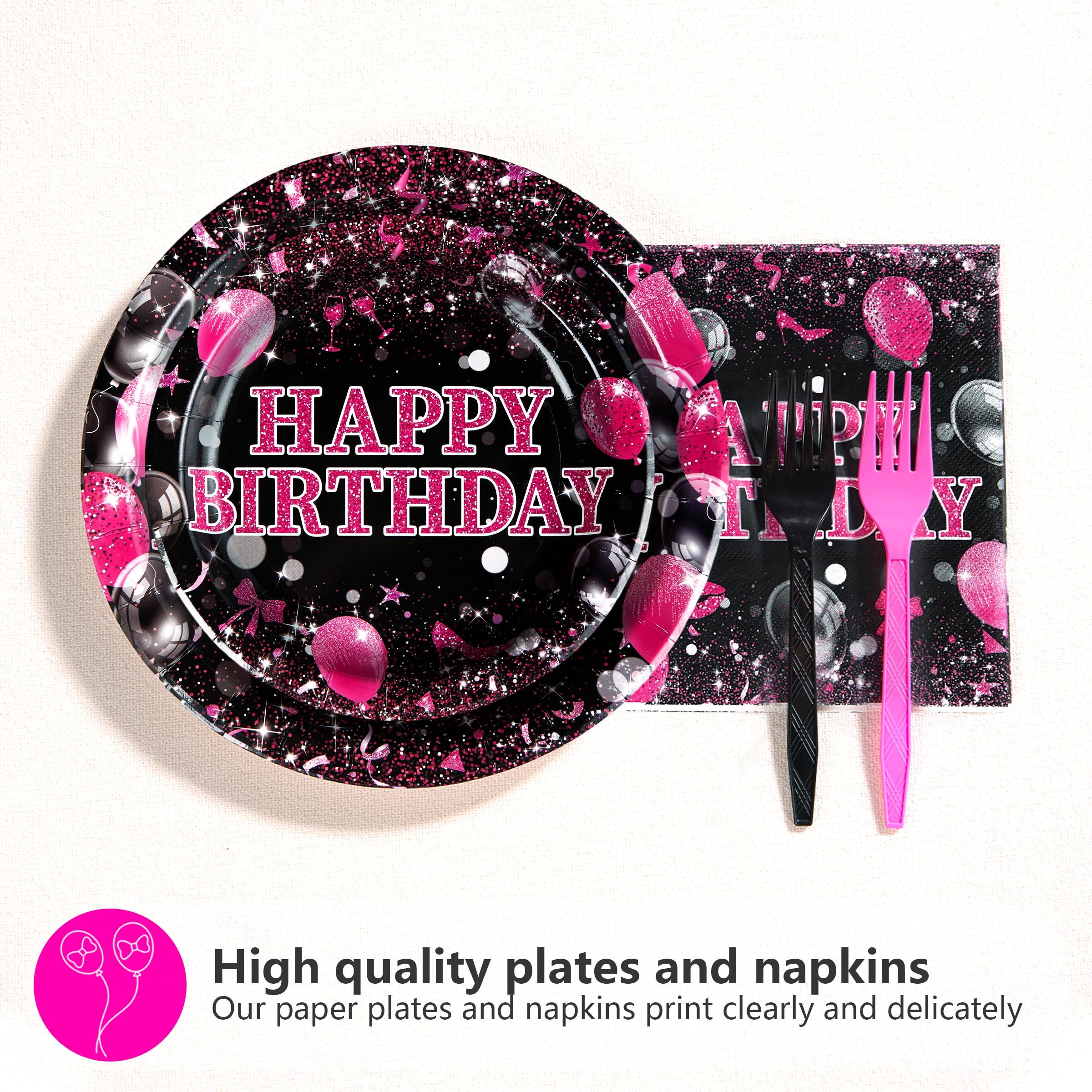 96 Pcs Hot Pink and Black Birthday Party Plates and Napkins - Grencian