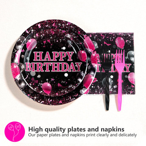 96 Pcs Hot Pink and Black Birthday Party Plates and Napkins - Grencian