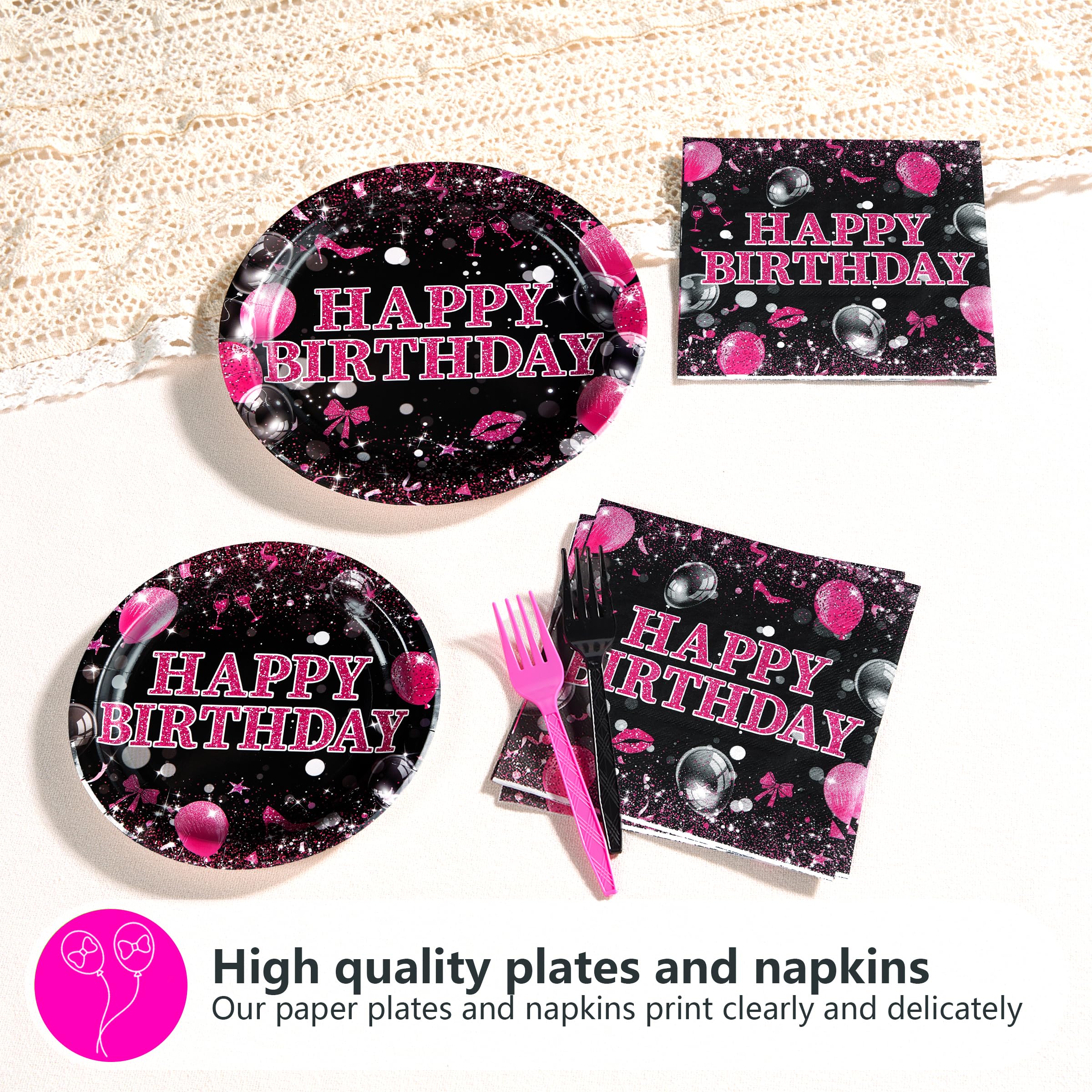 96 Pcs Hot Pink and Black Birthday Party Plates and Napkins - Grencian
