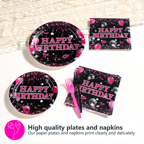 96 Pcs Hot Pink and Black Birthday Party Plates and Napkins - Grencian