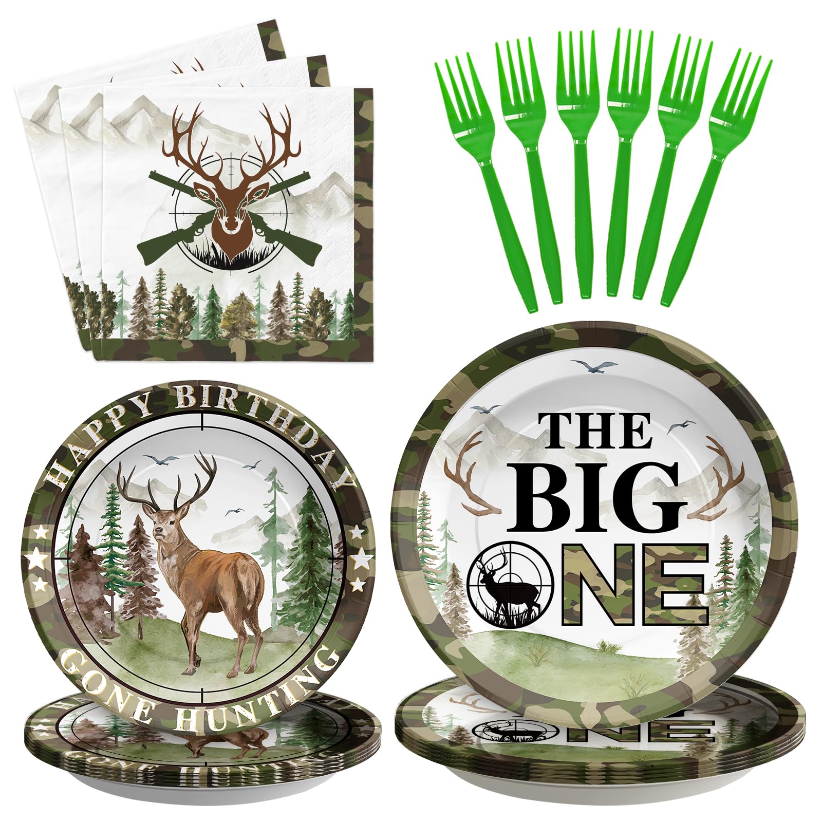 96 Pcs Hunting 1st Birthday Party Plates and Napkins - Grencian