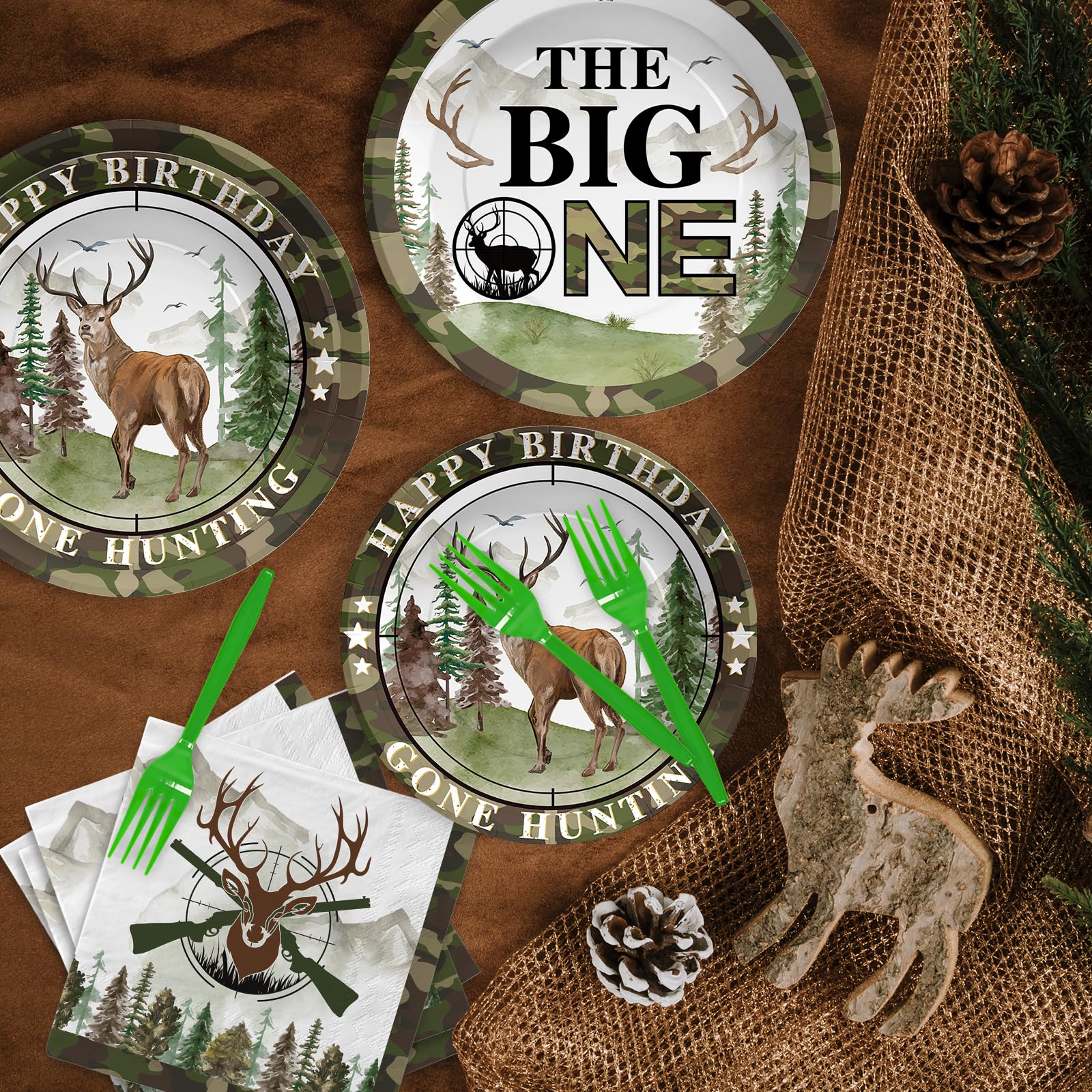 96 Pcs Hunting 1st Birthday Party Plates and Napkins - Grencian