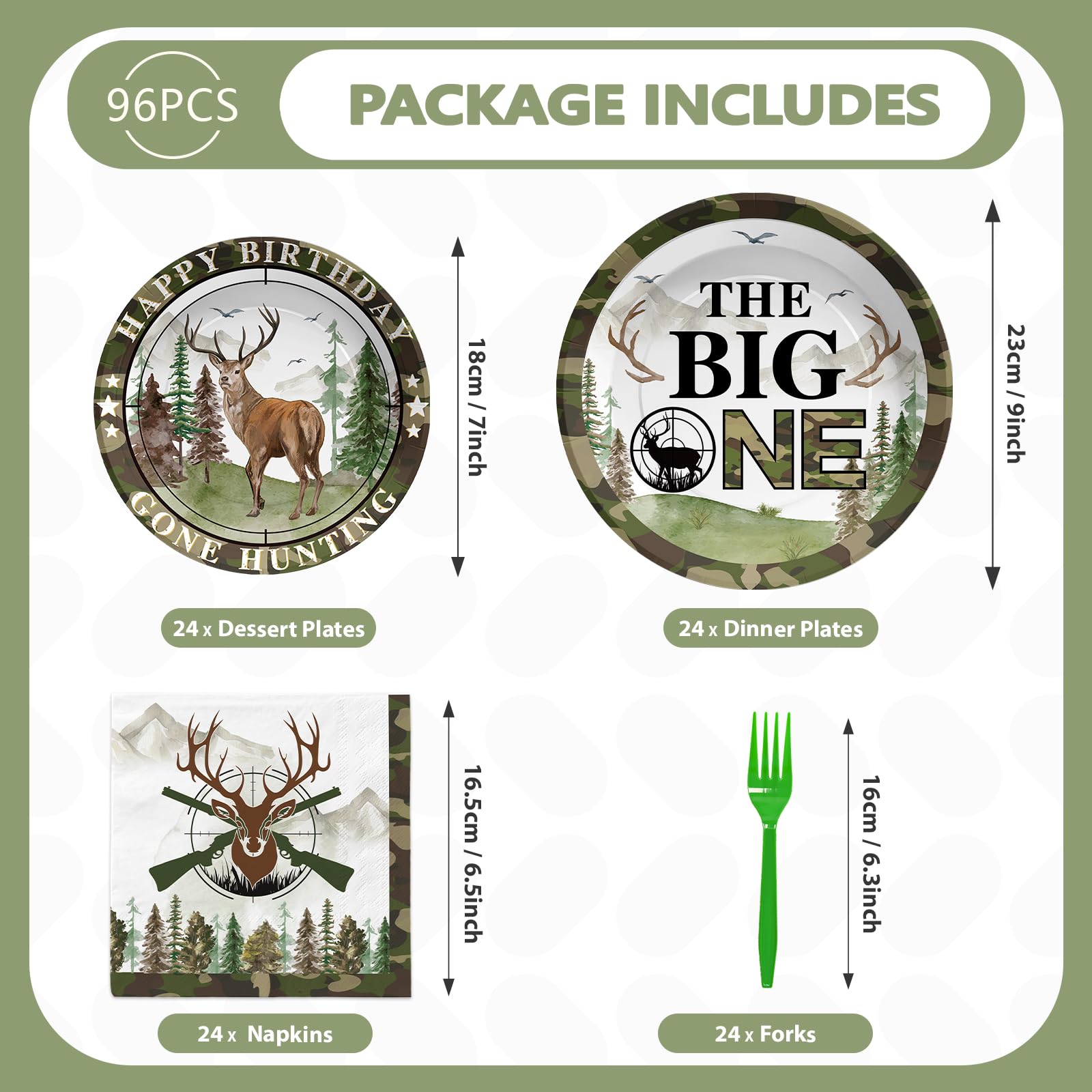 96 Pcs Hunting 1st Birthday Party Plates and Napkins - Grencian