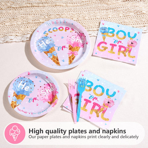 96 Pcs Ice Cream Gender Reveal Party Plates and Napkins - Grencian