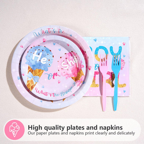 96 Pcs Ice Cream Gender Reveal Party Plates and Napkins - Grencian