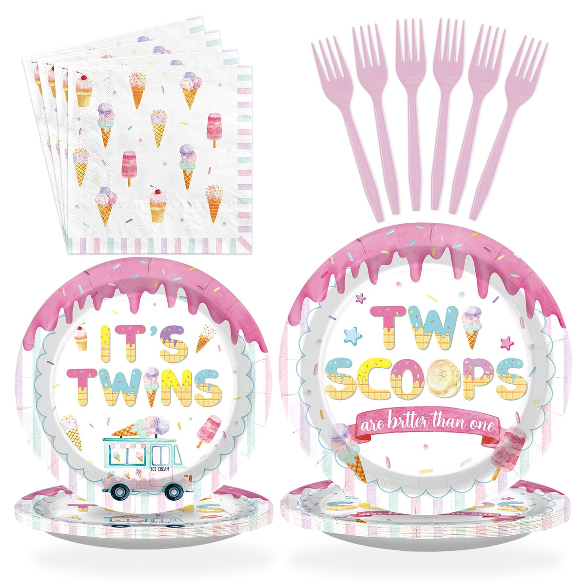 96 Pcs Ice Cream Twin Baby Shower Party Plates and Napkins - Grencian