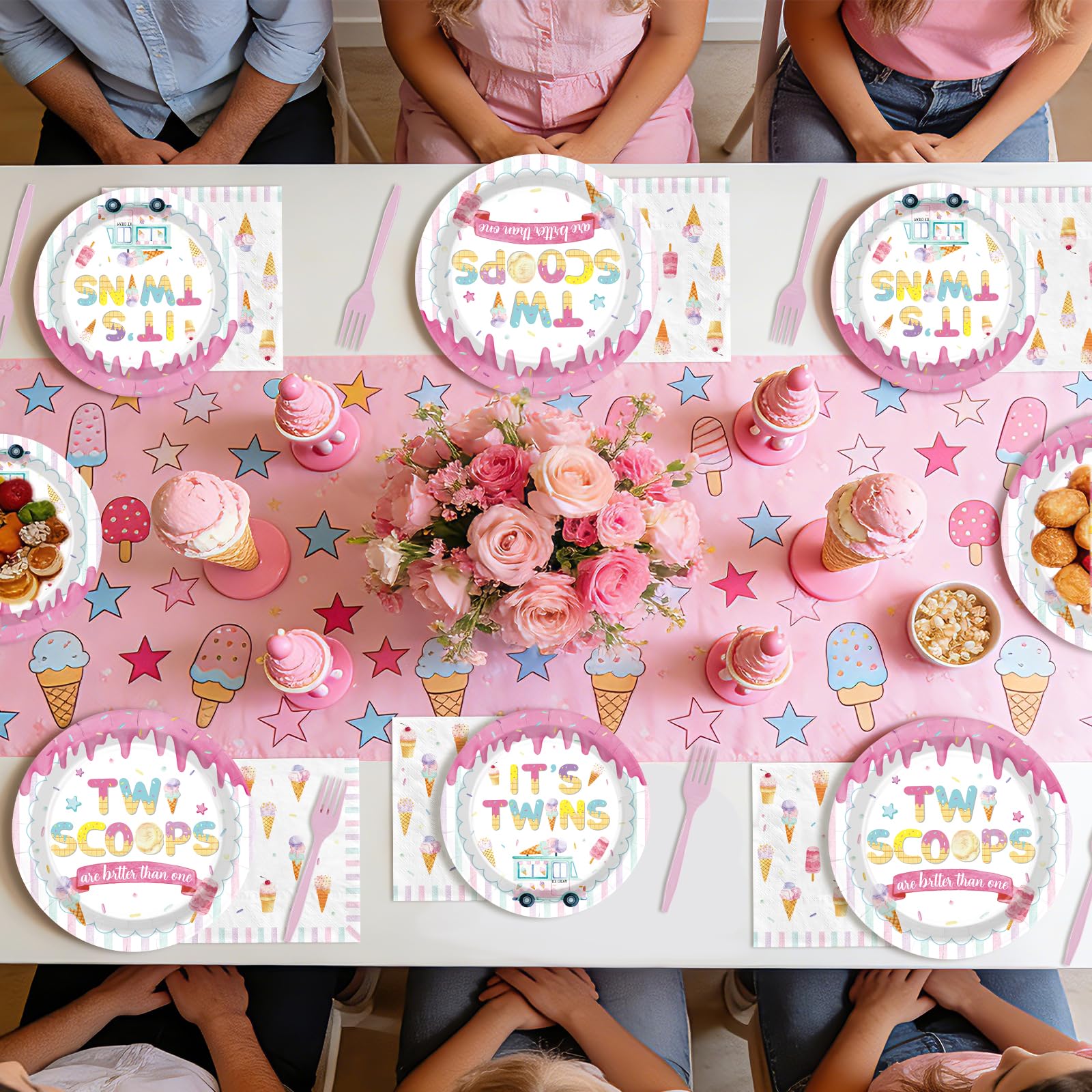 96 Pcs Ice Cream Twin Baby Shower Party Plates and Napkins - Grencian
