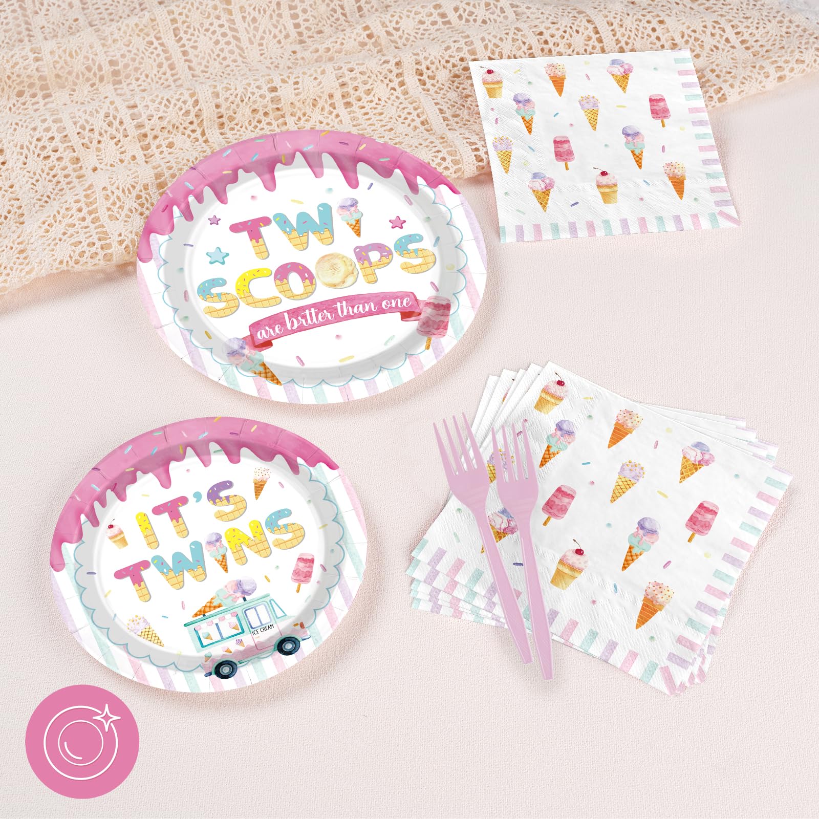 96 Pcs Ice Cream Twin Baby Shower Party Plates and Napkins - Grencian