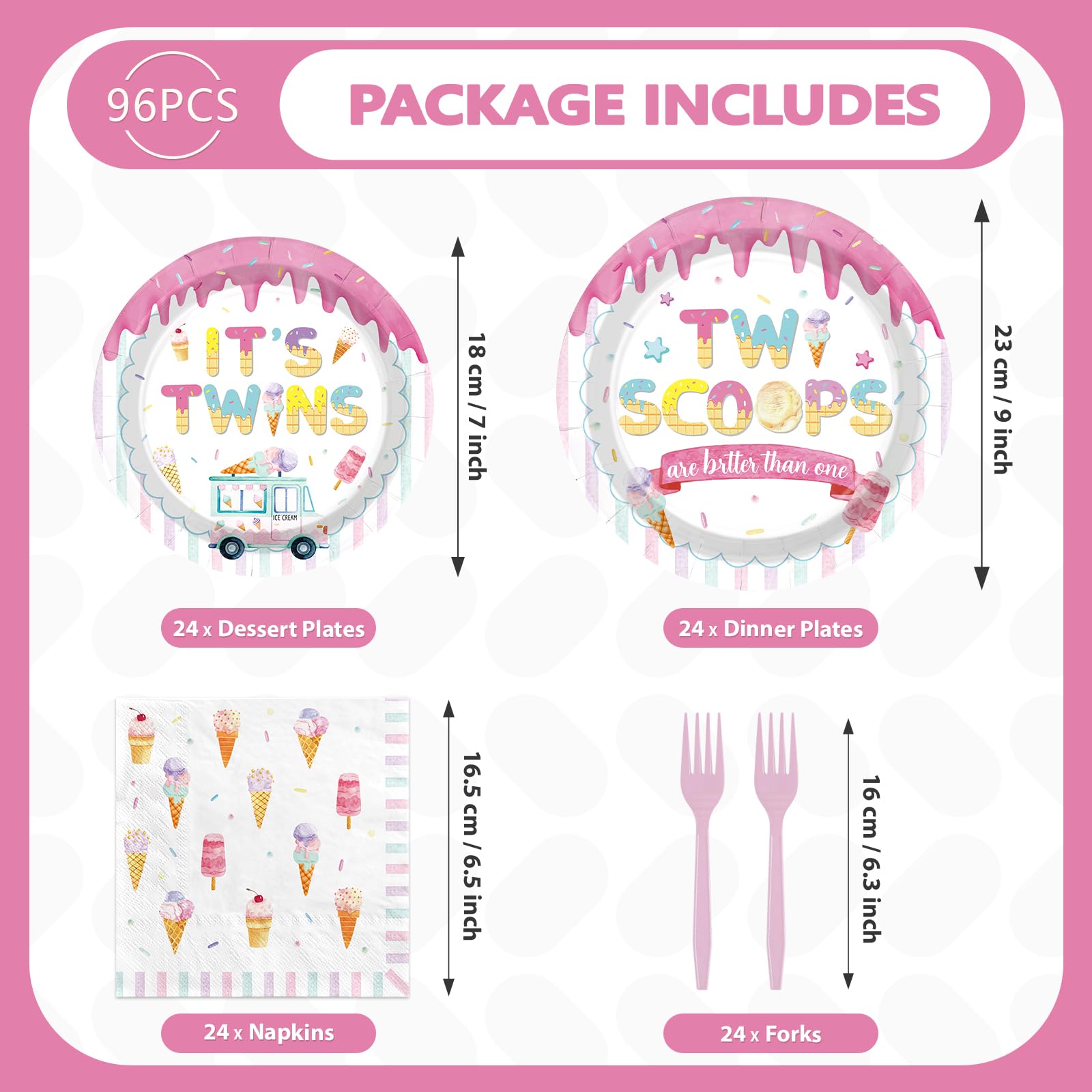 96 Pcs Ice Cream Twin Baby Shower Party Plates and Napkins - Grencian