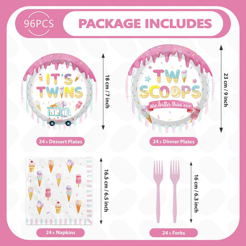 96 Pcs Ice Cream Twin Baby Shower Party Plates and Napkins - Grencian