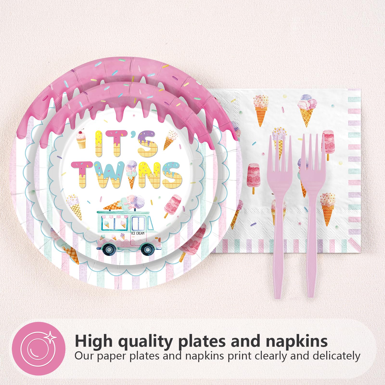 96 Pcs Ice Cream Twin Baby Shower Party Plates and Napkins - Grencian