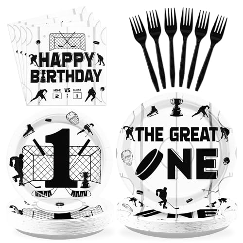 96 Pcs Ice Hockey 1st Birthday Party Plates and Napkins - Grencian
