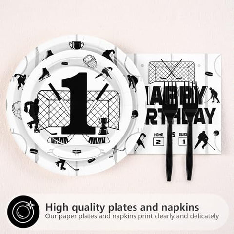 96 Pcs Ice Hockey 1st Birthday Party Plates and Napkins - Grencian