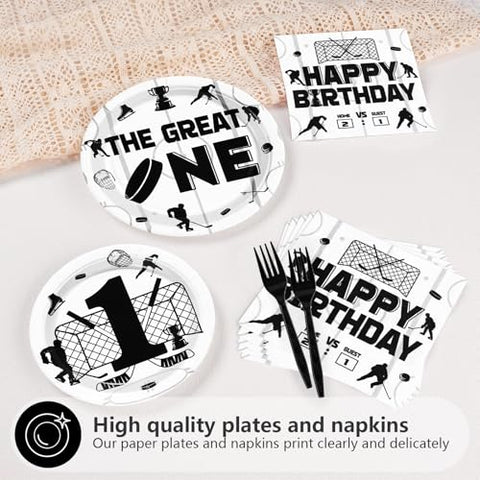 96 Pcs Ice Hockey 1st Birthday Party Plates and Napkins - Grencian