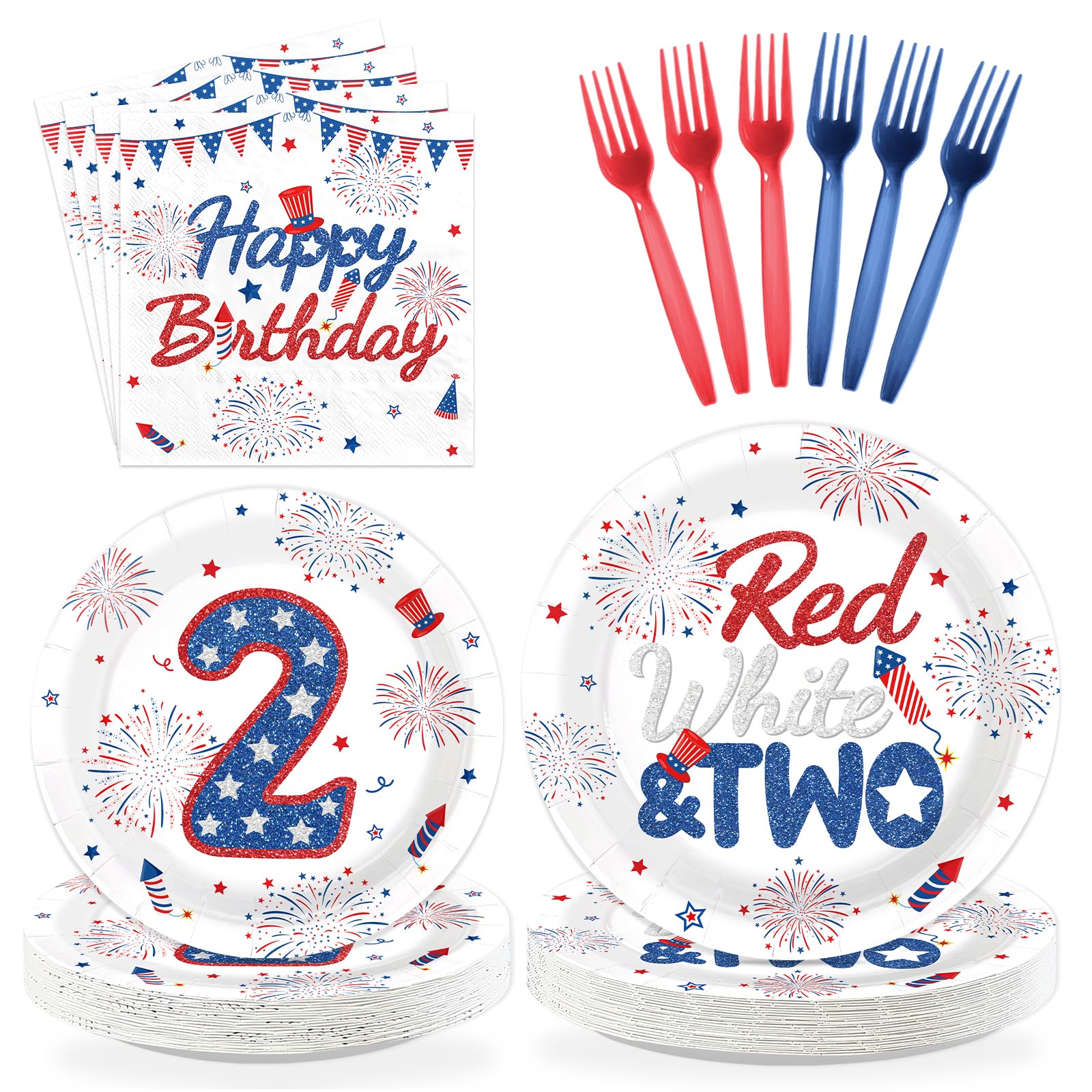 96 Pcs Independence Day 2nd Birthday Party Plates and Napkins - Grencian