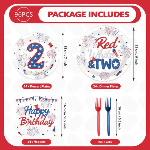 96 Pcs Independence Day 2nd Birthday Party Plates and Napkins - Grencian