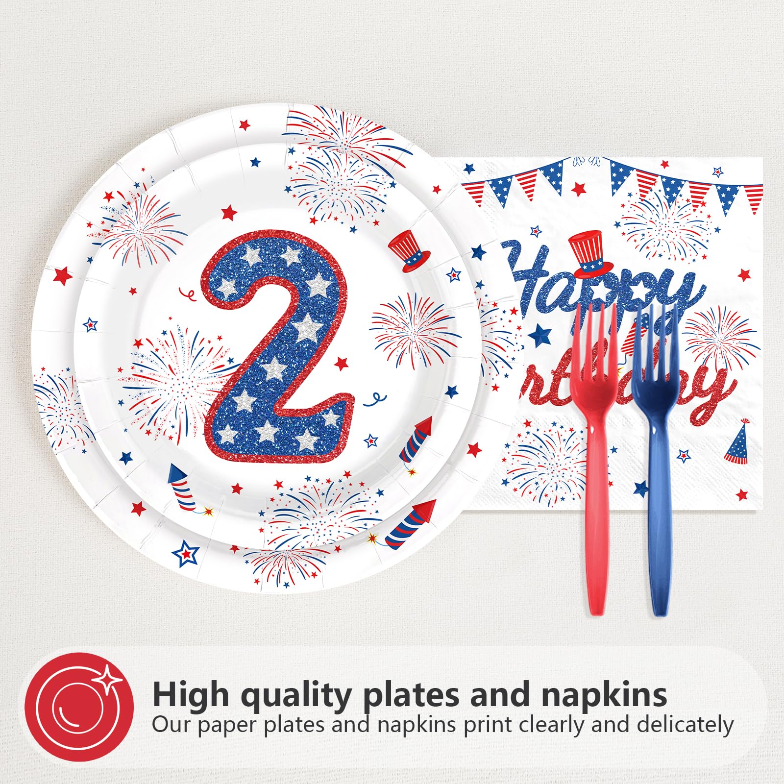 96 Pcs Independence Day 2nd Birthday Party Plates and Napkins - Grencian