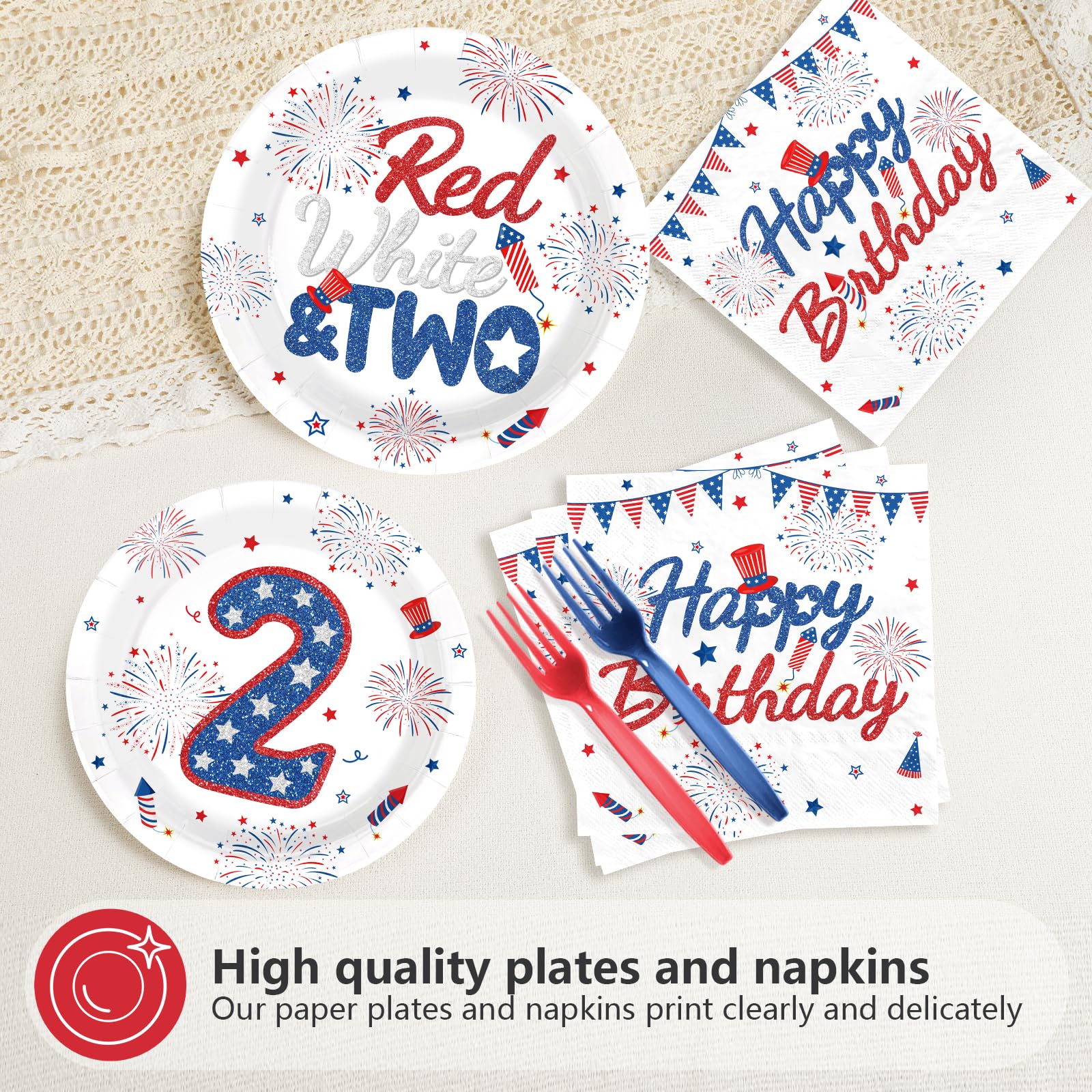 96 Pcs Independence Day 2nd Birthday Party Plates and Napkins - Grencian