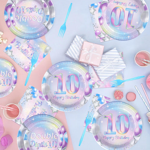 96 Pcs Iridescent 10th Birthday Party Plates and Napkins - Grencian