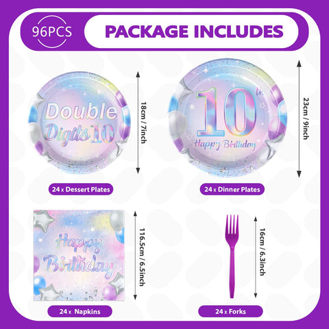 96 Pcs Iridescent 10th Birthday Party Plates and Napkins - Grencian