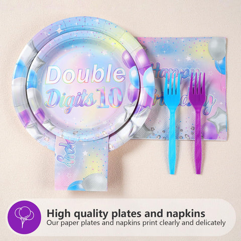 96 Pcs Iridescent 10th Birthday Party Plates and Napkins - Grencian
