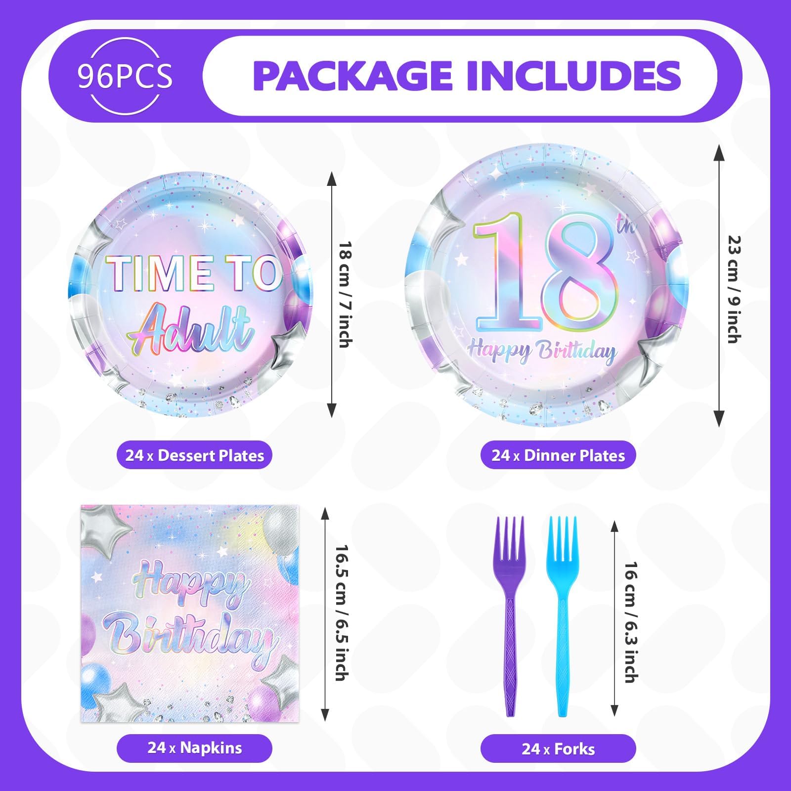 96 Pcs Iridescent 18th Birthday Party Plates and Napkins - Grencian