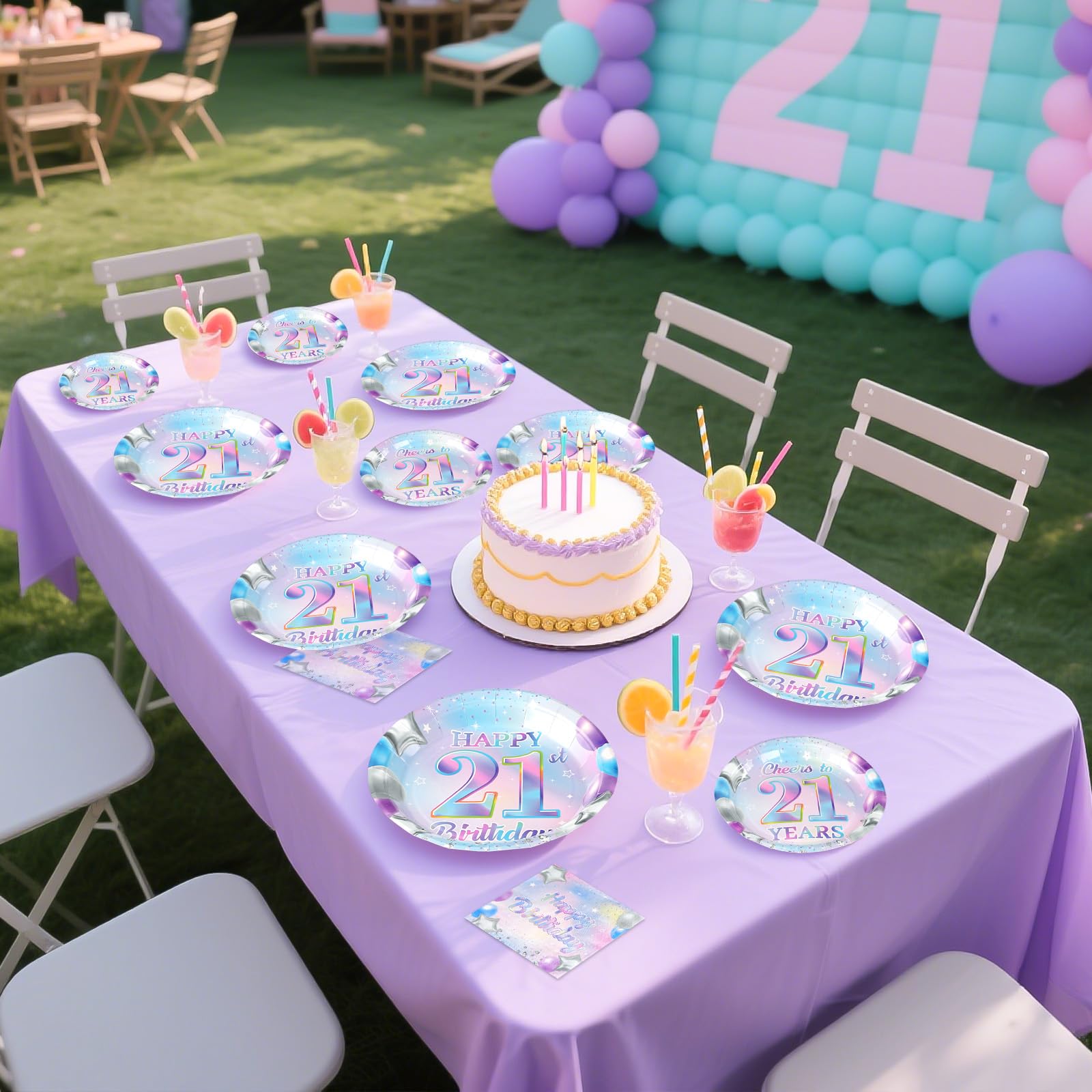96 Pcs Iridescent 21th Birthday Party Plates and Napkins - Grencian