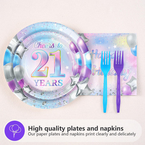 96 Pcs Iridescent 21th Birthday Party Plates and Napkins - Grencian