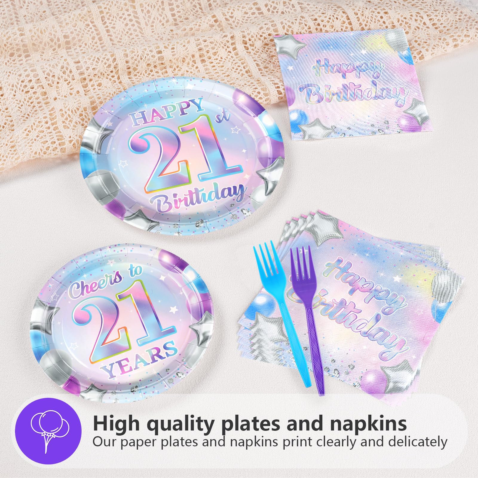 96 Pcs Iridescent 21th Birthday Party Plates and Napkins - Grencian