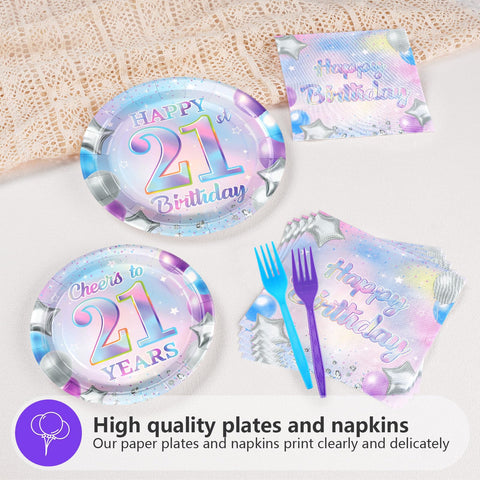 96 Pcs Iridescent 21th Birthday Party Plates and Napkins - Grencian