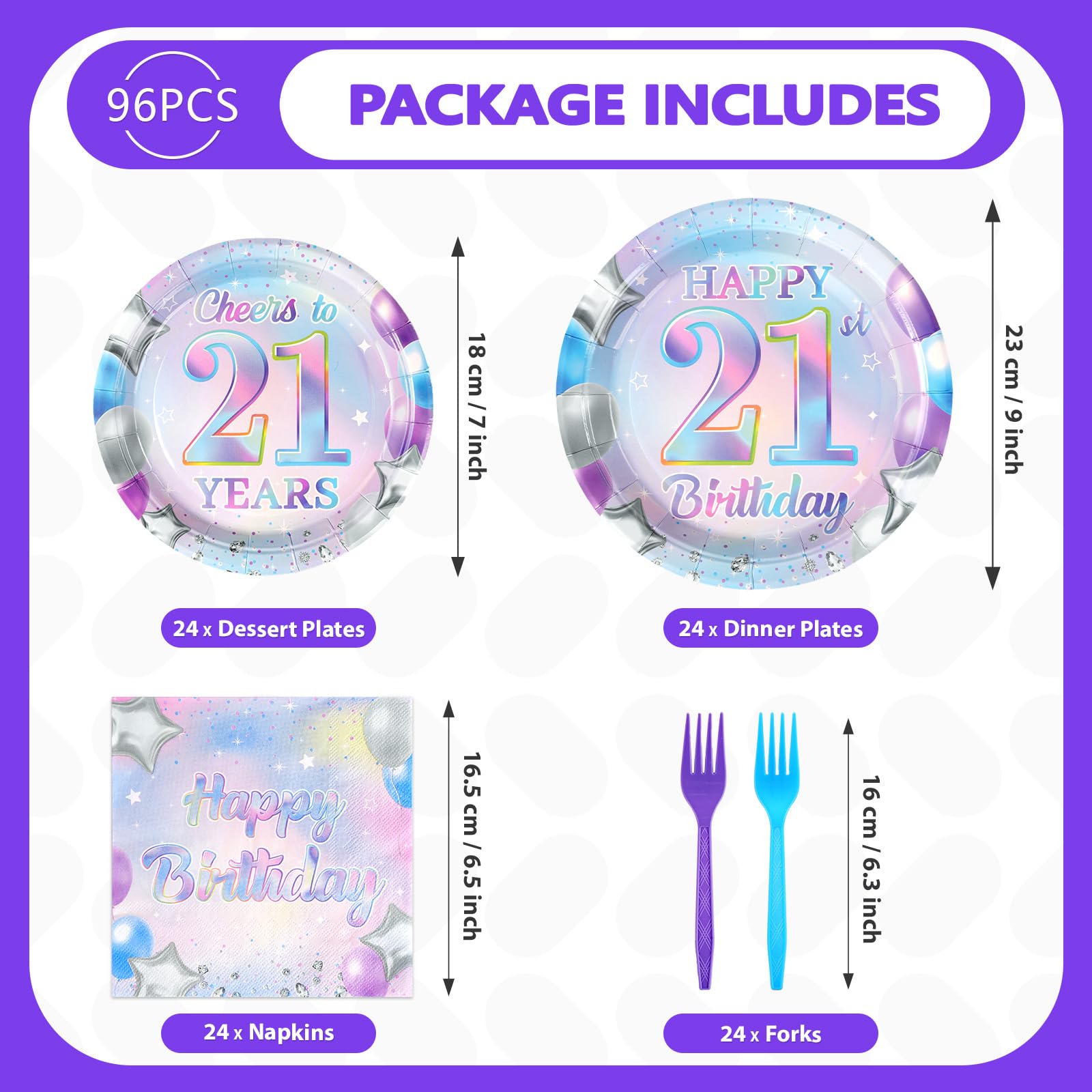 96 Pcs Iridescent 21th Birthday Party Plates and Napkins - Grencian