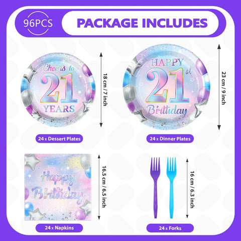 96 Pcs Iridescent 21th Birthday Party Plates and Napkins - Grencian