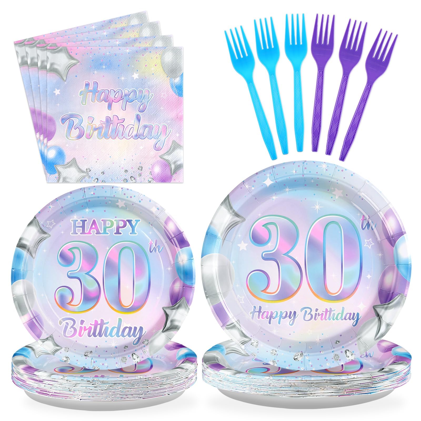 96 Pcs Iridescent 30th Birthday Party Plates and Napkins - Grencian