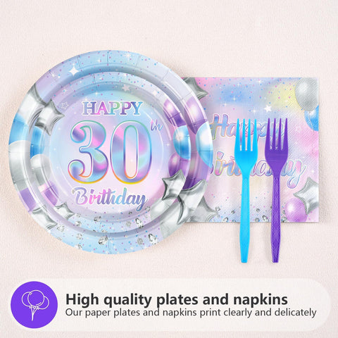 96 Pcs Iridescent 30th Birthday Party Plates and Napkins - Grencian